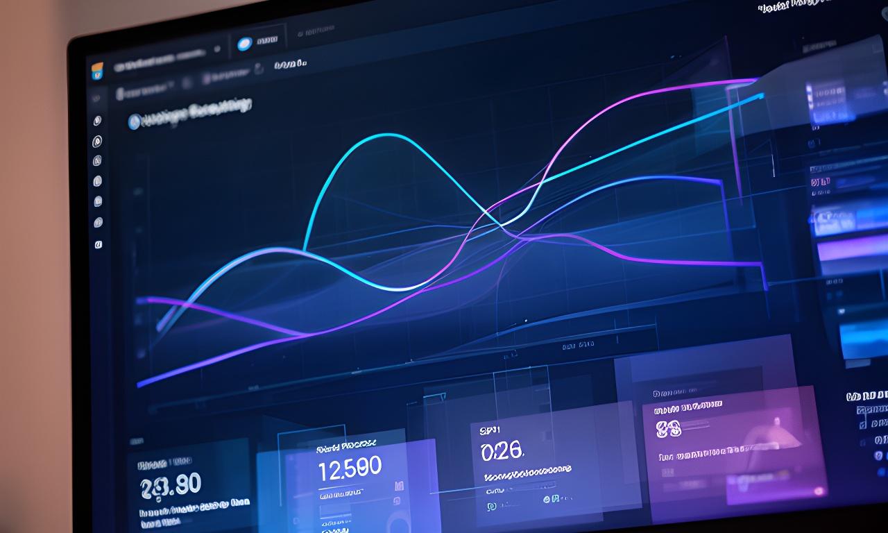 Close-up of an analytics screen showing forecast curves, KPI tiles, and a board meeting chart preview on a desktop dashboard