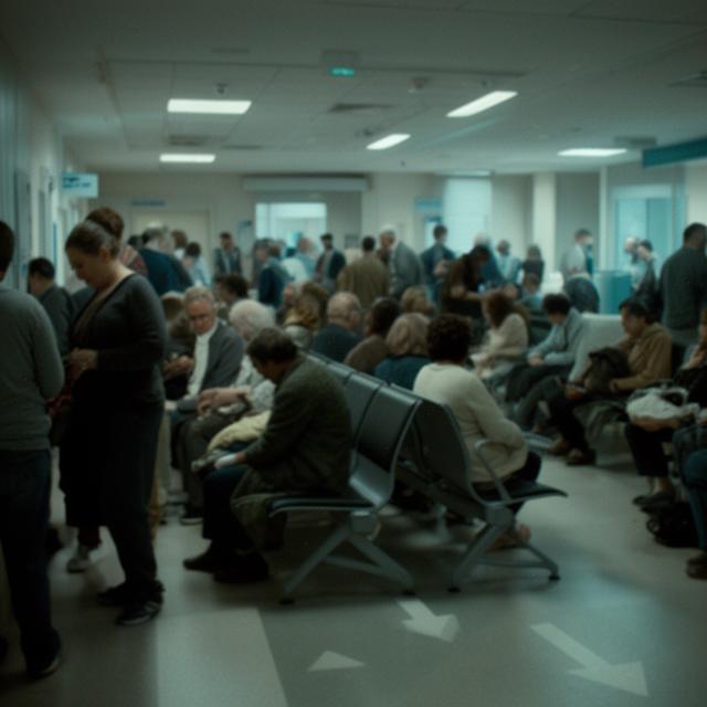 Busy hospital waiting room with standing patients and crowded seating during peak demand